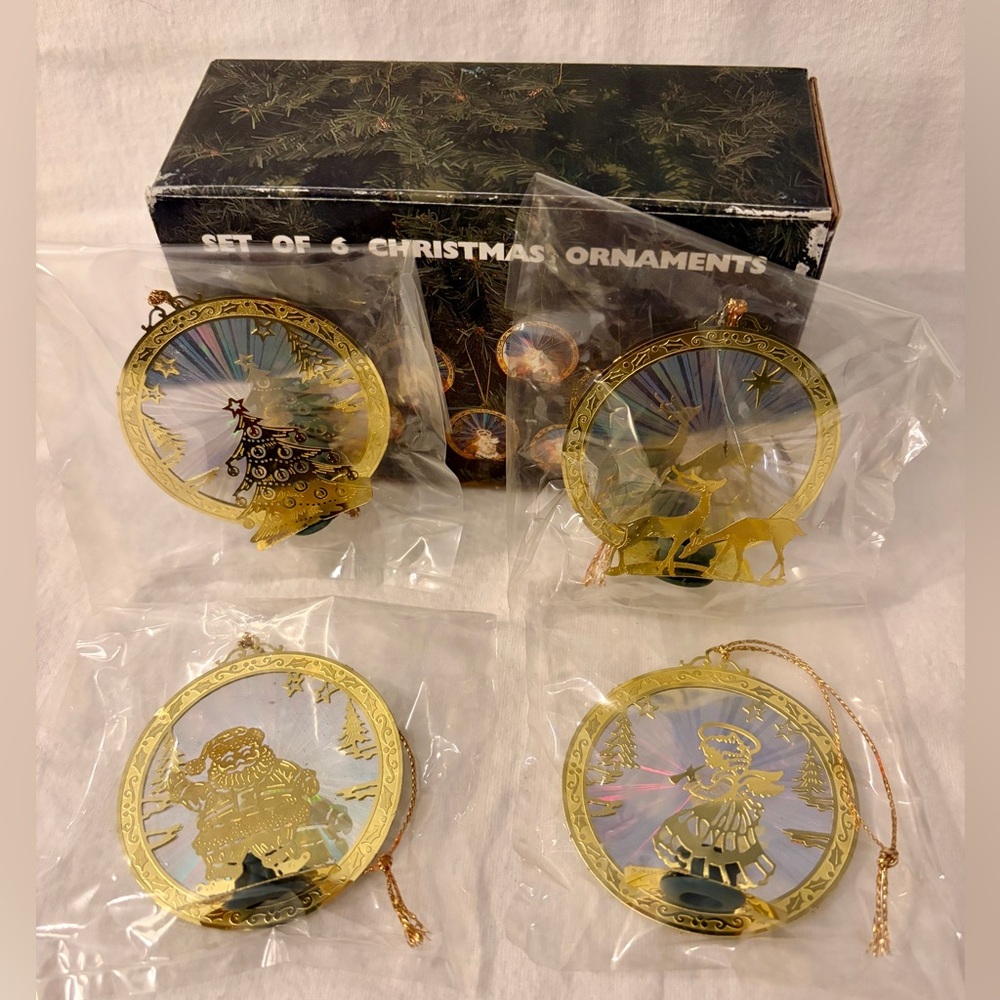 Gold Christmas Ornaments Metallic Vintage Hologram Look Deer Santa Tree Angel